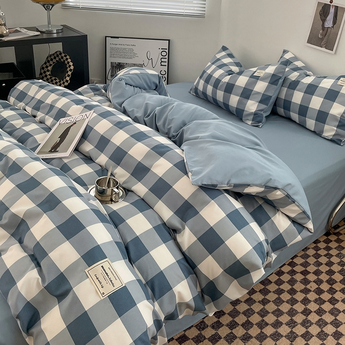 91家纺网 家纺一手货源 找家纺 优尚佳生活馆 2025新款无印风亲肤磨毛四件套-格子 蓝大格