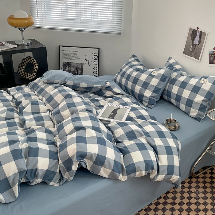 91家纺网 家纺一手货源 找家纺 优尚佳生活馆 2025新款无印风亲肤磨毛四件套-格子 蓝大格
