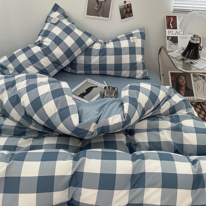 91家纺网 家纺一手货源 找家纺 优尚佳生活馆 2025新款无印风亲肤磨毛四件套-格子 蓝大格