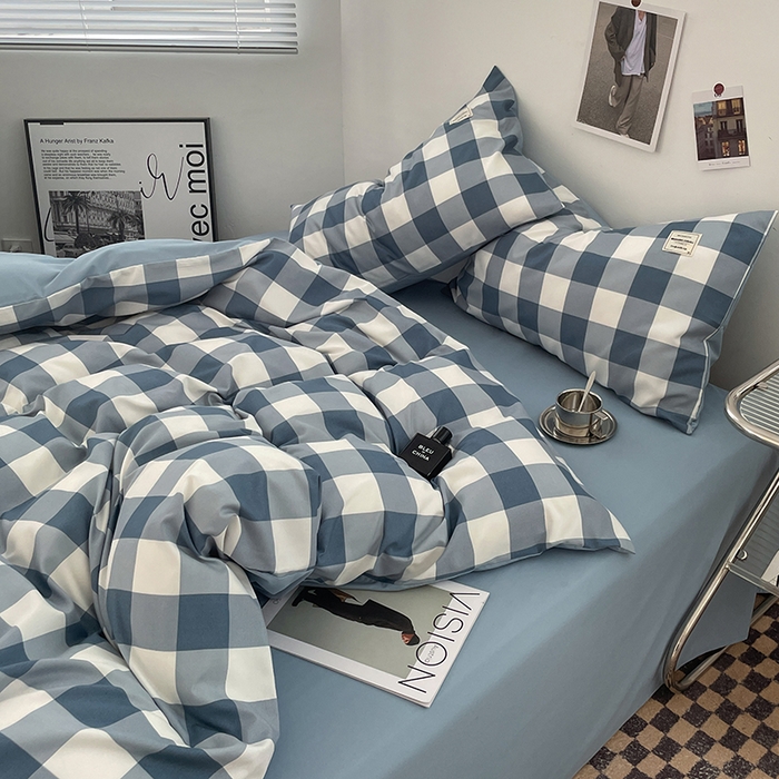 91家纺网 家纺一手货源 找家纺 优尚佳生活馆 2025新款无印风亲肤磨毛四件套-格子 蓝大格