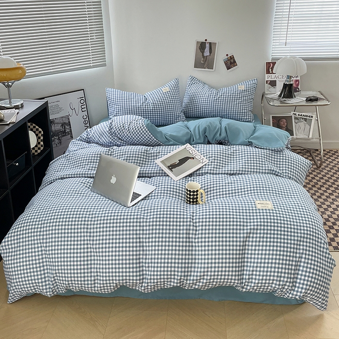 优尚佳生活馆 2025新款无印风亲肤磨毛四件套-格子 蓝小格