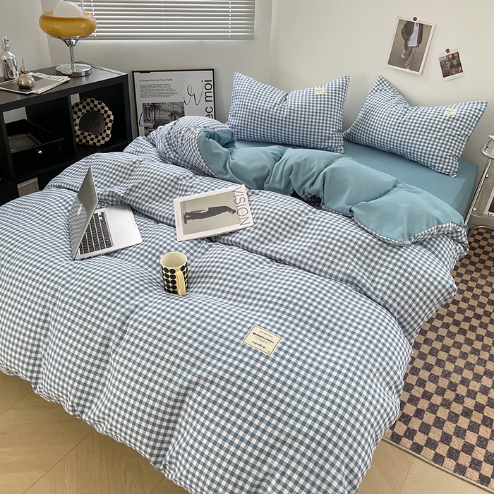 91家纺网 家纺一手货源 找家纺 优尚佳生活馆 2025新款无印风亲肤磨毛四件套-格子 蓝小格