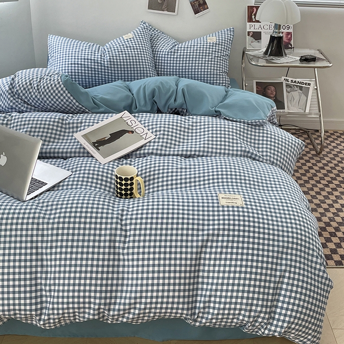 91家纺网 家纺一手货源 找家纺 优尚佳生活馆 2025新款无印风亲肤磨毛四件套-格子 蓝小格