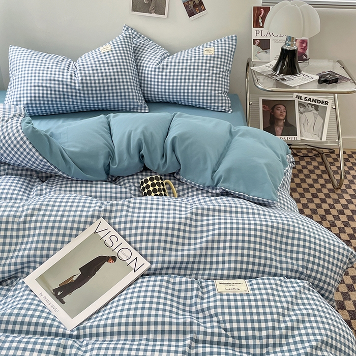 91家纺网 家纺一手货源 找家纺 优尚佳生活馆 2025新款无印风亲肤磨毛四件套-格子 蓝小格