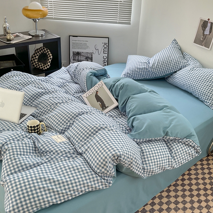 91家纺网 家纺一手货源 找家纺 优尚佳生活馆 2025新款无印风亲肤磨毛四件套-格子 蓝小格