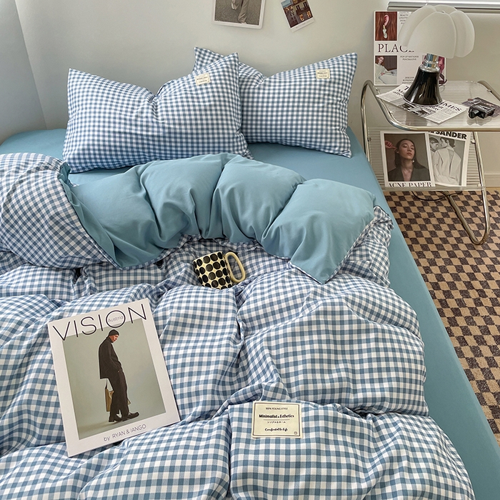 91家纺网 家纺一手货源 找家纺 优尚佳生活馆 2025新款无印风亲肤磨毛四件套-格子 蓝小格