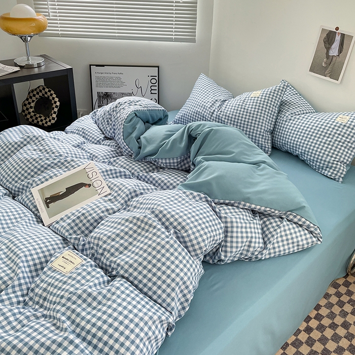 91家纺网 家纺一手货源 找家纺 优尚佳生活馆 2025新款无印风亲肤磨毛四件套-格子 蓝小格