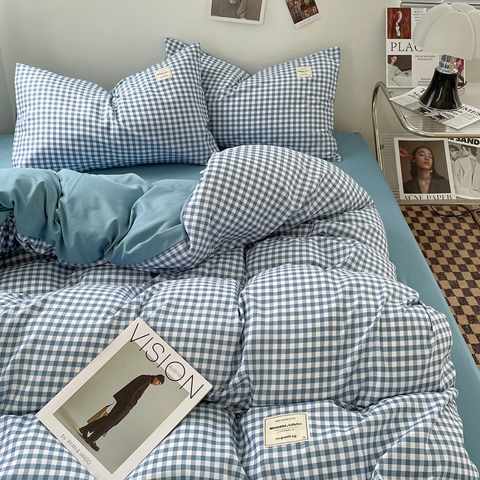 91家纺网 家纺一手货源 找家纺 优尚佳生活馆 2025新款无印风亲肤磨毛四件套-格子 蓝小格