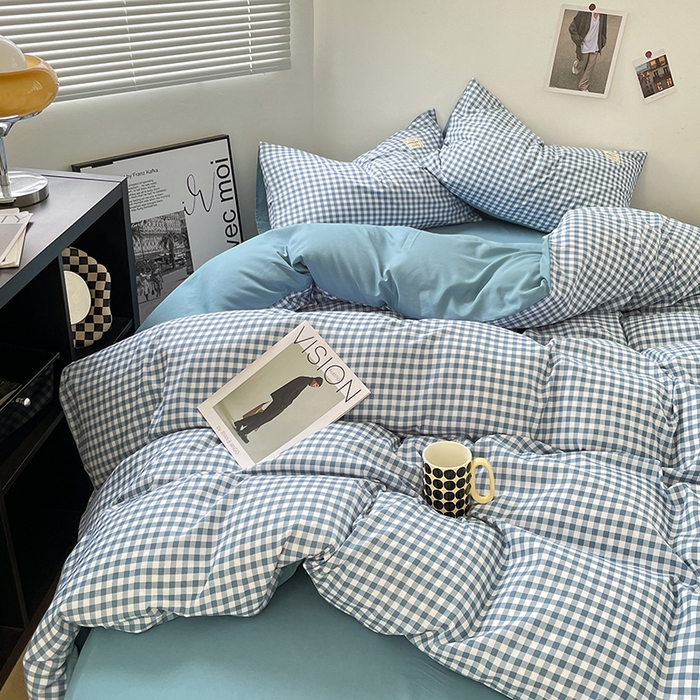 91家纺网 家纺一手货源 找家纺 优尚佳生活馆 2025新款无印风亲肤磨毛四件套-格子 蓝小格