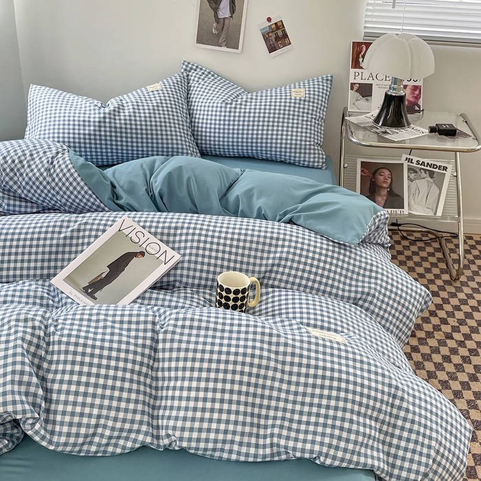 91家纺网 家纺一手货源 找家纺 优尚佳生活馆 2025新款无印风亲肤磨毛四件套-格子 蓝小格