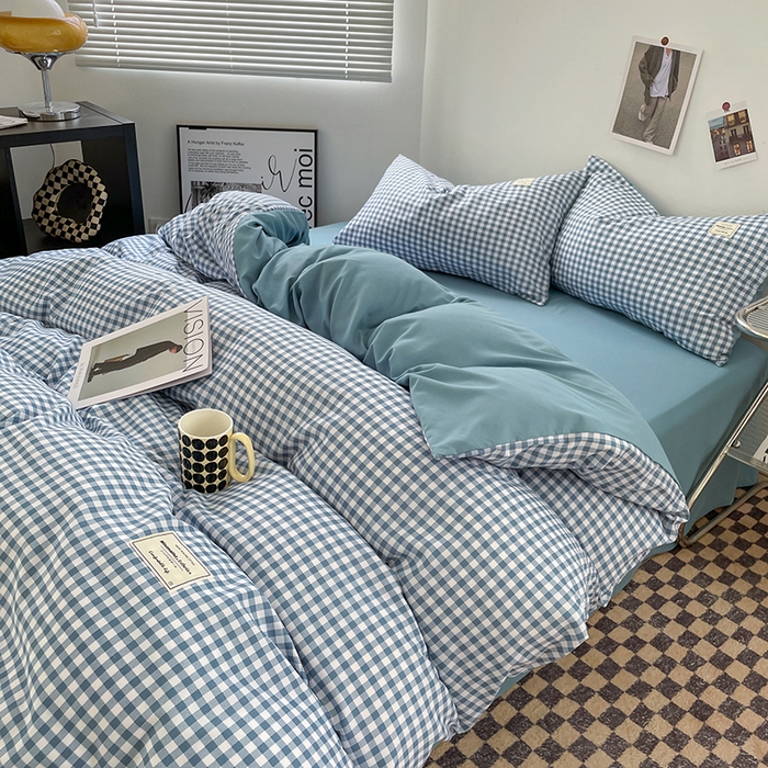 91家纺网 家纺一手货源 找家纺 优尚佳生活馆 2025新款无印风亲肤磨毛四件套-格子 蓝小格