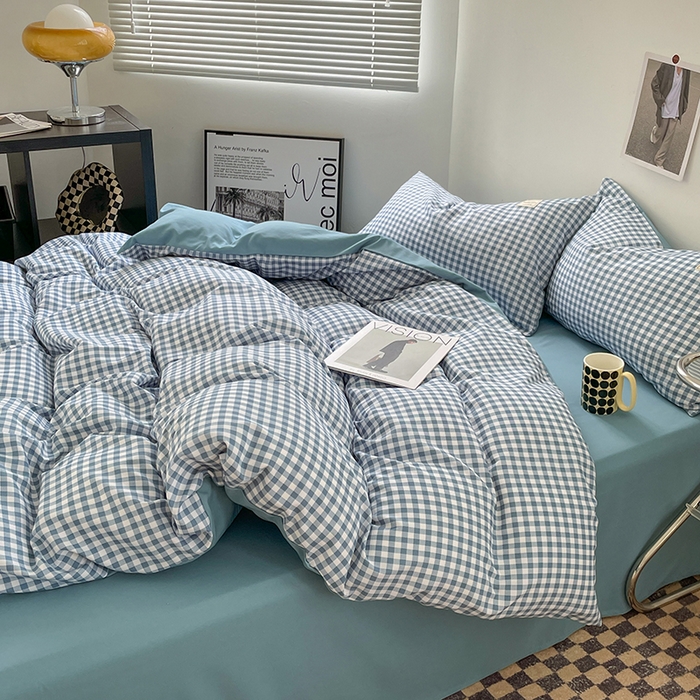 91家纺网 家纺一手货源 找家纺 优尚佳生活馆 2025新款无印风亲肤磨毛四件套-格子 蓝小格