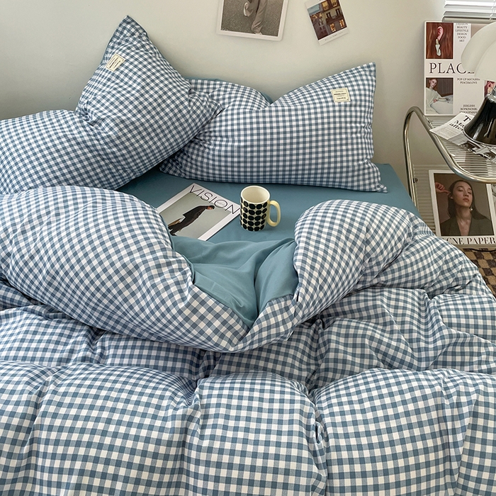 91家纺网 家纺一手货源 找家纺 优尚佳生活馆 2025新款无印风亲肤磨毛四件套-格子 蓝小格