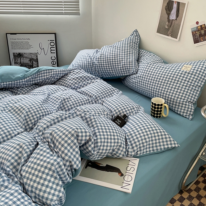 91家纺网 家纺一手货源 找家纺 优尚佳生活馆 2025新款无印风亲肤磨毛四件套-格子 蓝小格