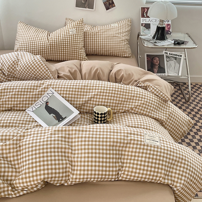 91家纺网 家纺一手货源 找家纺 优尚佳生活馆 2025新款无印风亲肤磨毛四件套-格子 米小格