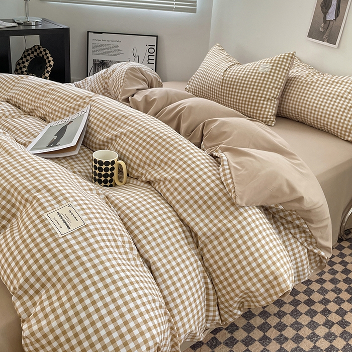 91家纺网 家纺一手货源 找家纺 优尚佳生活馆 2025新款无印风亲肤磨毛四件套-格子 米小格