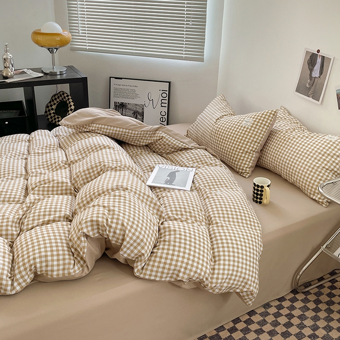 91家纺网 家纺一手货源 找家纺 优尚佳生活馆 2025新款无印风亲肤磨毛四件套-格子 米小格