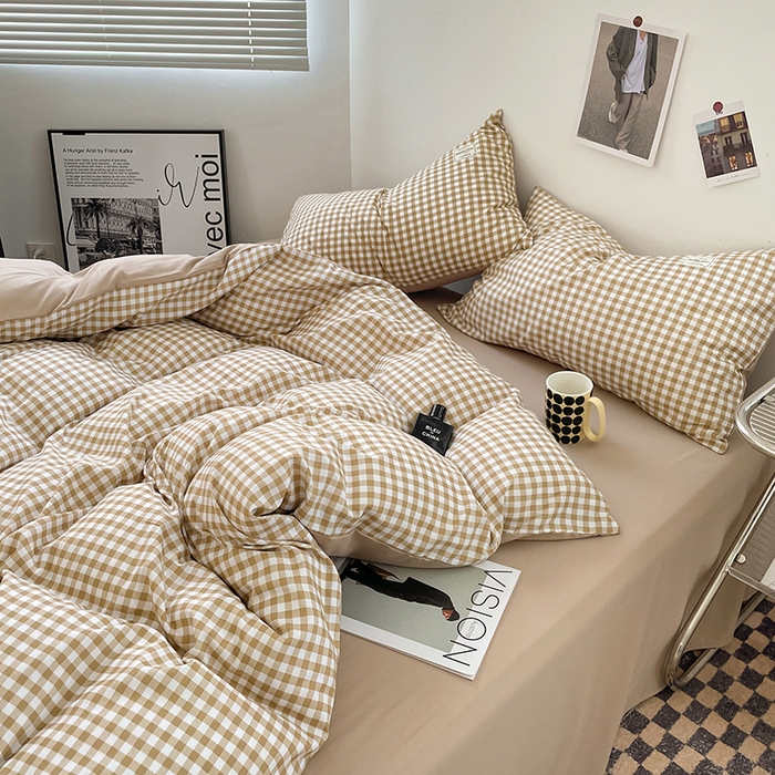 91家纺网 家纺一手货源 找家纺 优尚佳生活馆 2025新款无印风亲肤磨毛四件套-格子 米小格