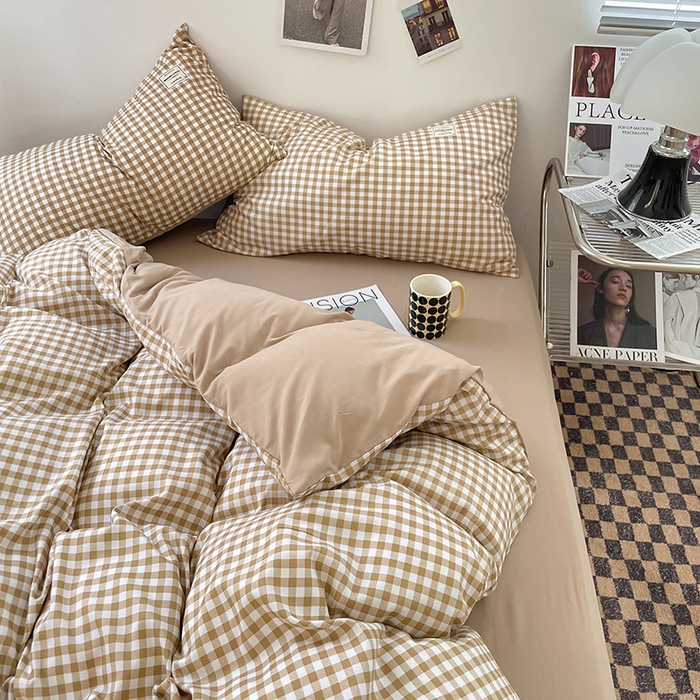 91家纺网 家纺一手货源 找家纺 优尚佳生活馆 2025新款无印风亲肤磨毛四件套-格子 米小格