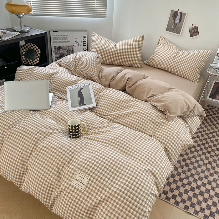 91家纺网 家纺一手货源 找家纺 优尚佳生活馆 2025新款无印风亲肤磨毛四件套-格子 米小格