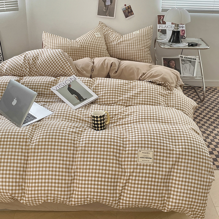 91家纺网 家纺一手货源 找家纺 优尚佳生活馆 2025新款无印风亲肤磨毛四件套-格子 米小格