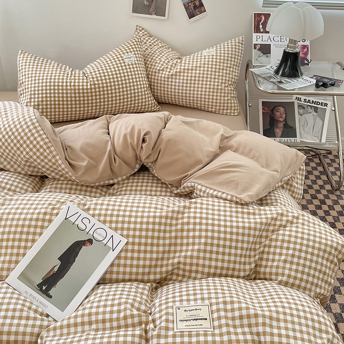 91家纺网 家纺一手货源 找家纺 优尚佳生活馆 2025新款无印风亲肤磨毛四件套-格子 米小格