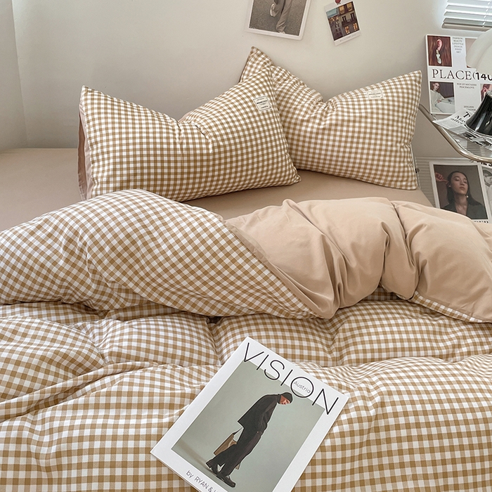 91家纺网 家纺一手货源 找家纺 优尚佳生活馆 2025新款无印风亲肤磨毛四件套-格子 米小格