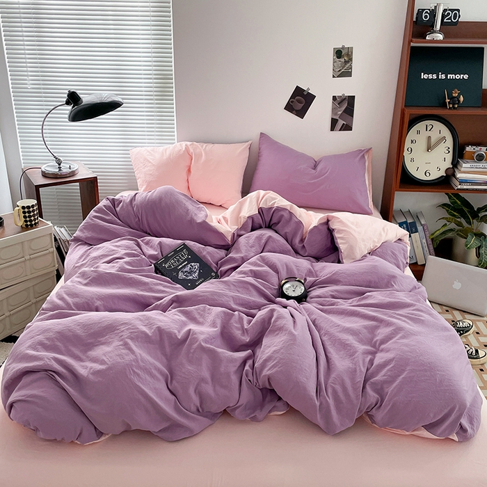 优尚佳生活馆 2025新款ins风超柔褶皱亲肤磨毛水洗棉四件套双拼系列（风格二） 香芋粉