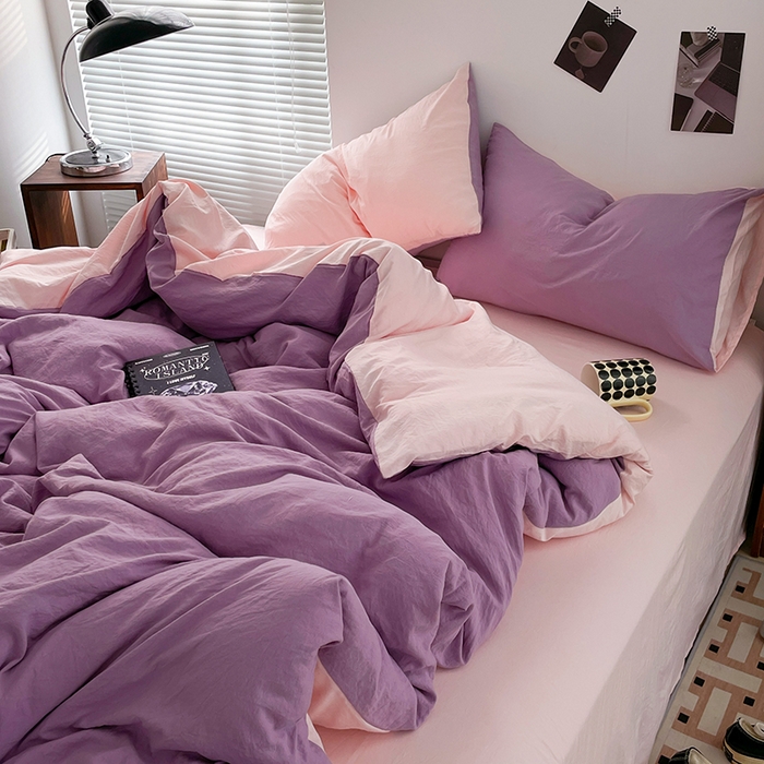 91家纺网 家纺一手货源 找家纺 优尚佳生活馆 2025新款ins风超柔褶皱亲肤磨毛水洗棉四件套双拼系列（风格二） 香芋粉