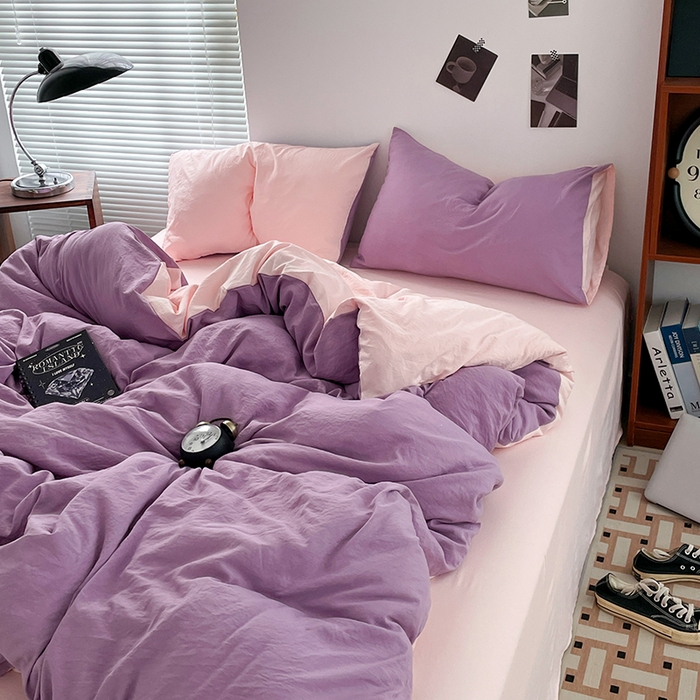 91家纺网 家纺一手货源 找家纺 优尚佳生活馆 2025新款ins风超柔褶皱亲肤磨毛水洗棉四件套双拼系列（风格二） 香芋粉