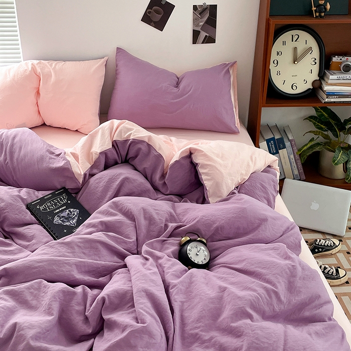 91家纺网 家纺一手货源 找家纺 优尚佳生活馆 2025新款ins风超柔褶皱亲肤磨毛水洗棉四件套双拼系列（风格二） 香芋粉