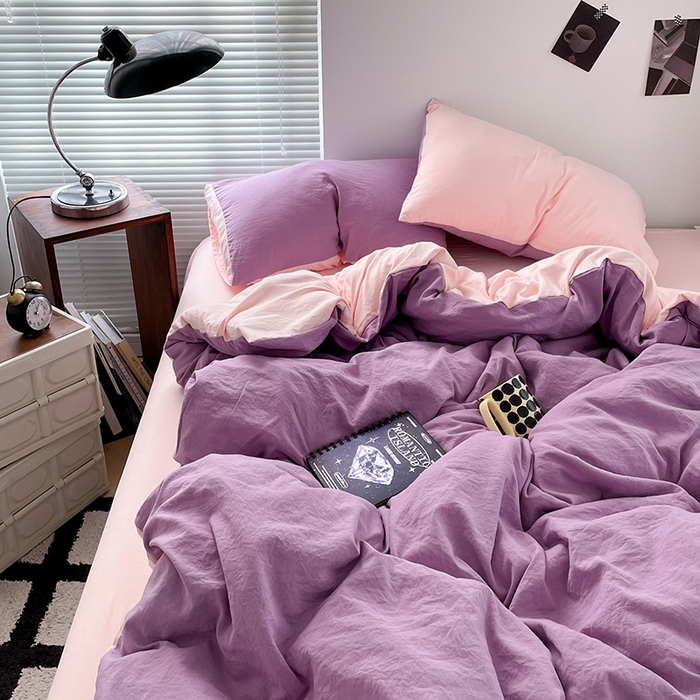 91家纺网 家纺一手货源 找家纺 优尚佳生活馆 2025新款ins风超柔褶皱亲肤磨毛水洗棉四件套双拼系列（风格二） 香芋粉