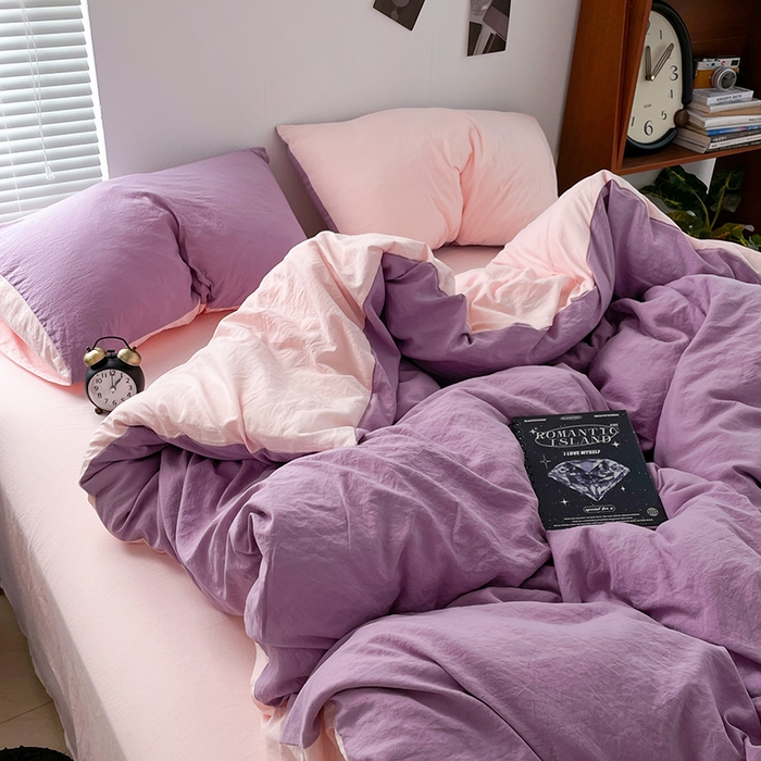 91家纺网 家纺一手货源 找家纺 优尚佳生活馆 2025新款ins风超柔褶皱亲肤磨毛水洗棉四件套双拼系列（风格二） 香芋粉