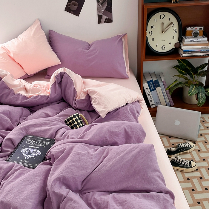 91家纺网 家纺一手货源 找家纺 优尚佳生活馆 2025新款ins风超柔褶皱亲肤磨毛水洗棉四件套双拼系列（风格二） 香芋粉