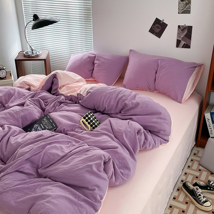 91家纺网 家纺一手货源 找家纺 优尚佳生活馆 2025新款ins风超柔褶皱亲肤磨毛水洗棉四件套双拼系列（风格二） 香芋粉