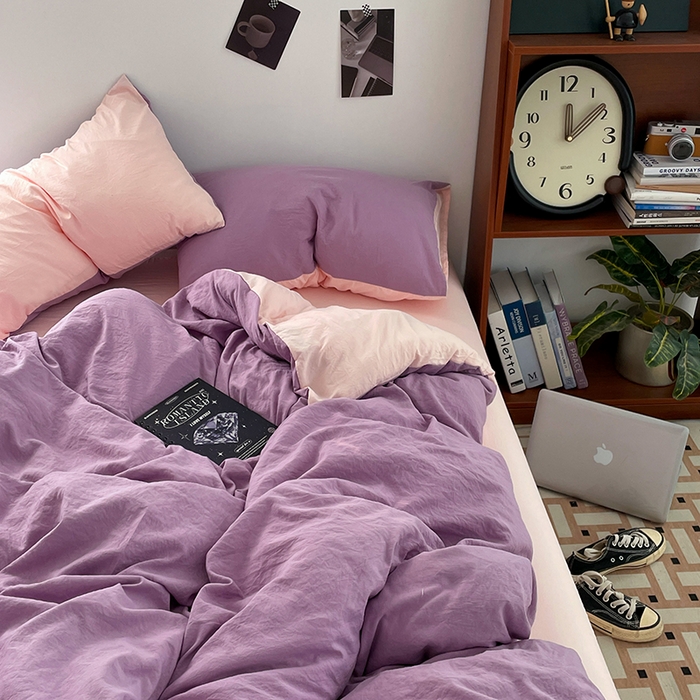 91家纺网 家纺一手货源 找家纺 优尚佳生活馆 2025新款ins风超柔褶皱亲肤磨毛水洗棉四件套双拼系列（风格二） 香芋粉