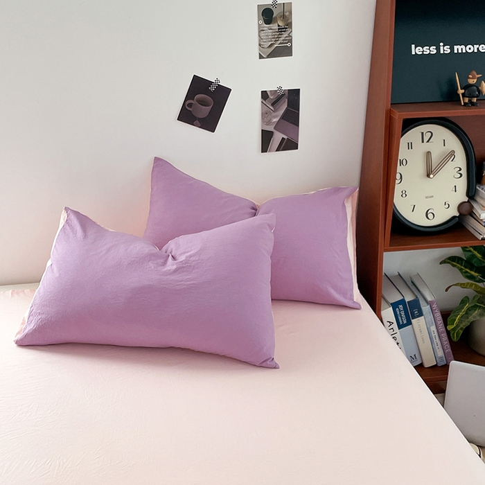 91家纺网 家纺一手货源 找家纺 优尚佳生活馆 2025新款ins风超柔褶皱亲肤磨毛水洗棉四件套双拼系列（风格二） 香芋粉