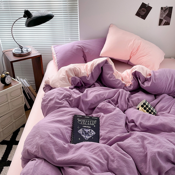 91家纺网 家纺一手货源 找家纺 优尚佳生活馆 2025新款ins风超柔褶皱亲肤磨毛水洗棉四件套双拼系列（风格二） 香芋粉