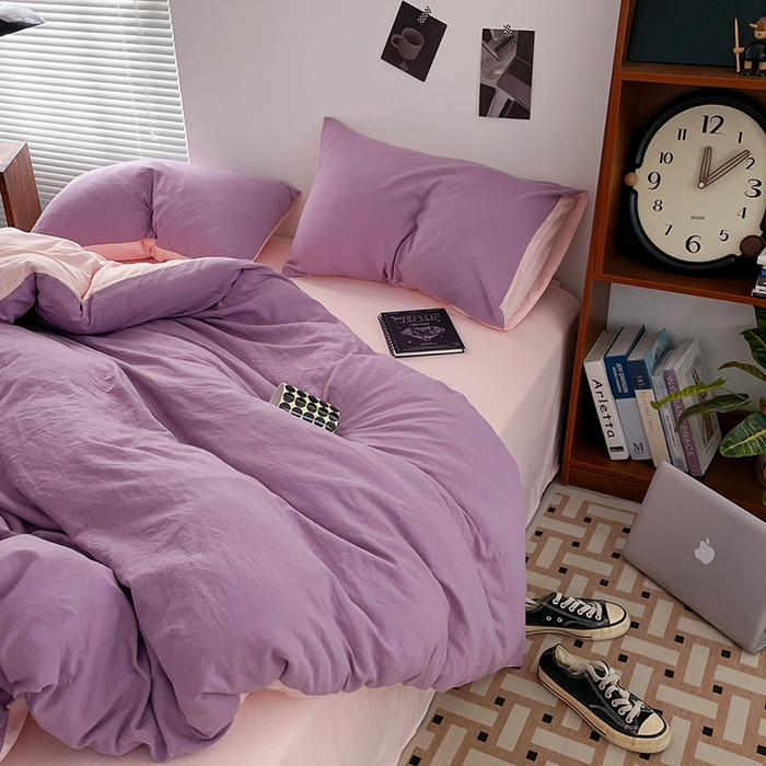 91家纺网 家纺一手货源 找家纺 优尚佳生活馆 2025新款ins风超柔褶皱亲肤磨毛水洗棉四件套双拼系列（风格二） 香芋粉