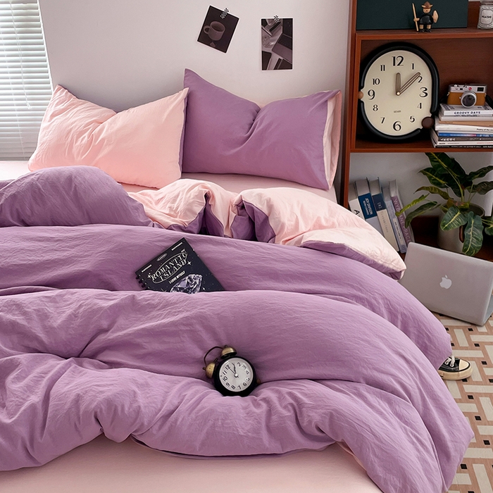 91家纺网 家纺一手货源 找家纺 优尚佳生活馆 2025新款ins风超柔褶皱亲肤磨毛水洗棉四件套双拼系列（风格二） 香芋粉