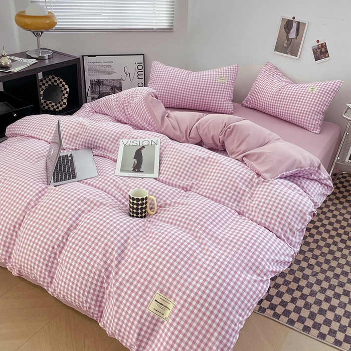 91家纺网 家纺一手货源 找家纺 优尚佳生活馆 2025新款无印风亲肤磨毛四件套-格子 紫小格