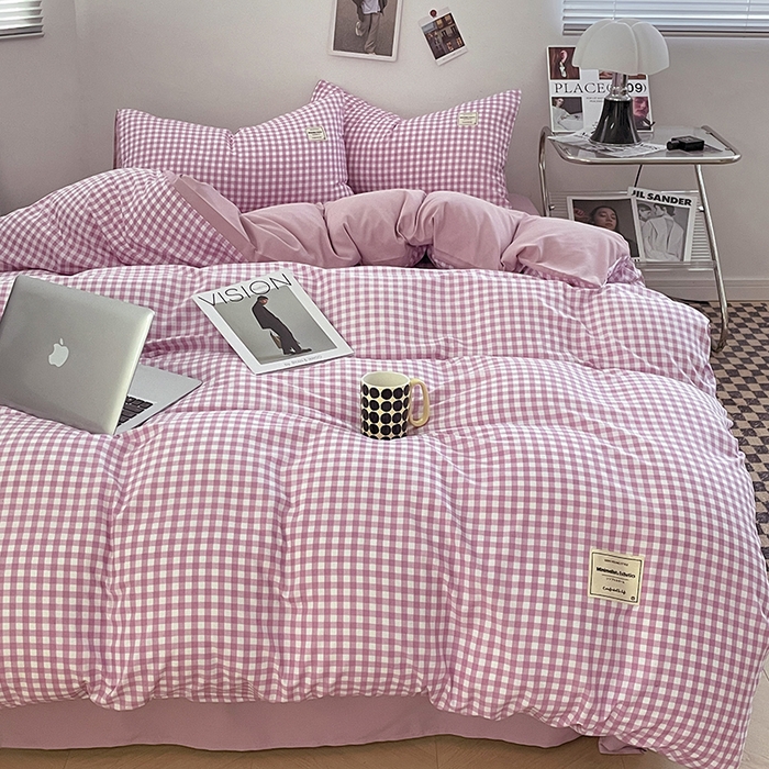 91家纺网 家纺一手货源 找家纺 优尚佳生活馆 2025新款无印风亲肤磨毛四件套-格子 紫小格