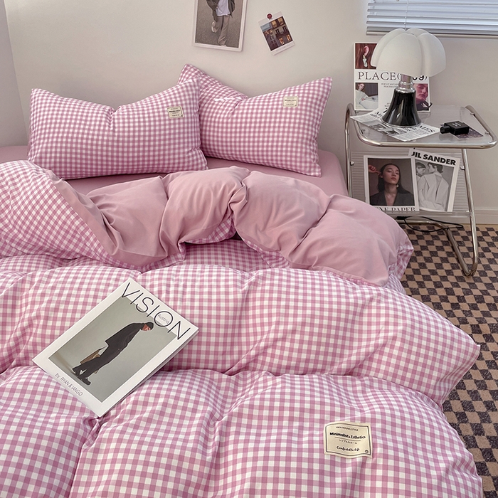 91家纺网 家纺一手货源 找家纺 优尚佳生活馆 2025新款无印风亲肤磨毛四件套-格子 紫小格