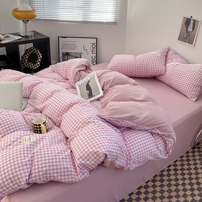 91家纺网 家纺一手货源 找家纺 优尚佳生活馆 2025新款无印风亲肤磨毛四件套-格子 紫小格