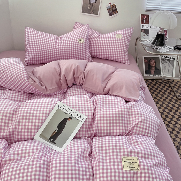 91家纺网 家纺一手货源 找家纺 优尚佳生活馆 2025新款无印风亲肤磨毛四件套-格子 紫小格