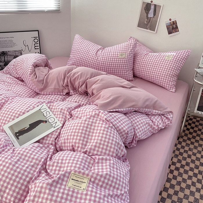 91家纺网 家纺一手货源 找家纺 优尚佳生活馆 2025新款无印风亲肤磨毛四件套-格子 紫小格