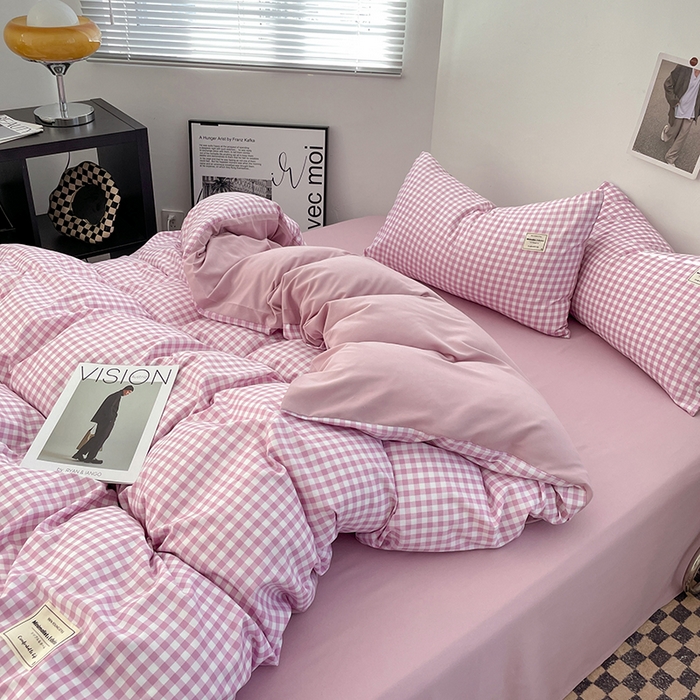 91家纺网 家纺一手货源 找家纺 优尚佳生活馆 2025新款无印风亲肤磨毛四件套-格子 紫小格