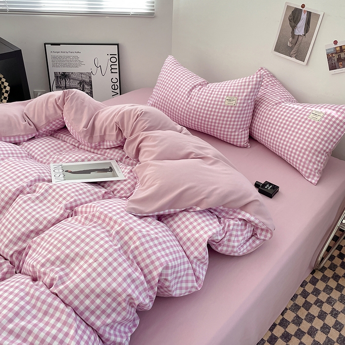 91家纺网 家纺一手货源 找家纺 优尚佳生活馆 2025新款无印风亲肤磨毛四件套-格子 紫小格