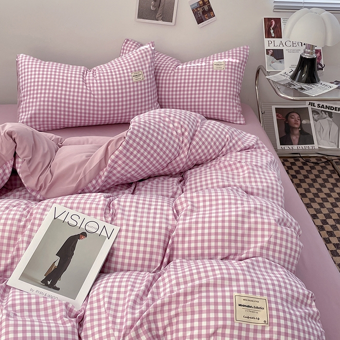 91家纺网 家纺一手货源 找家纺 优尚佳生活馆 2025新款无印风亲肤磨毛四件套-格子 紫小格