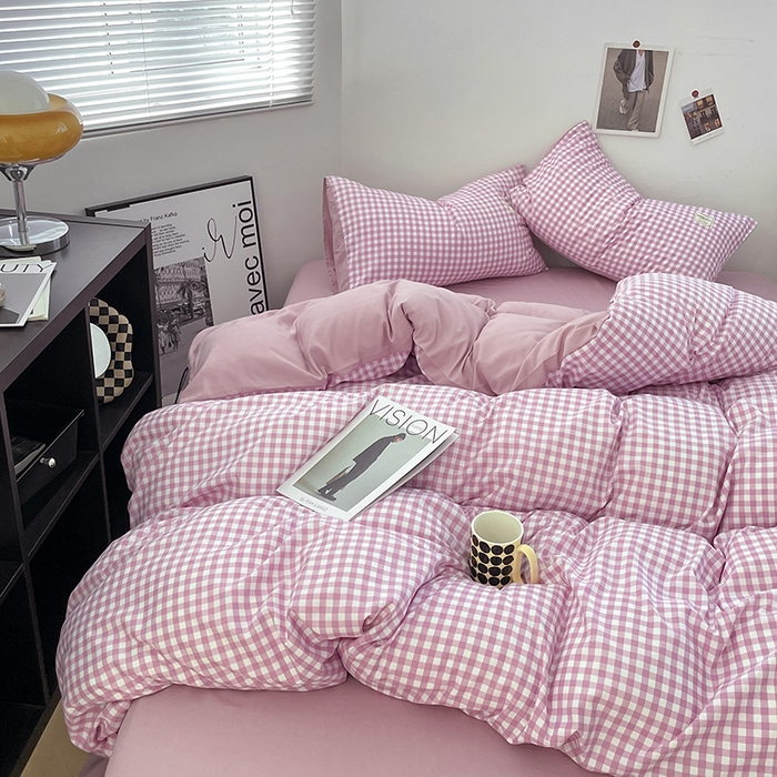 91家纺网 家纺一手货源 找家纺 优尚佳生活馆 2025新款无印风亲肤磨毛四件套-格子 紫小格